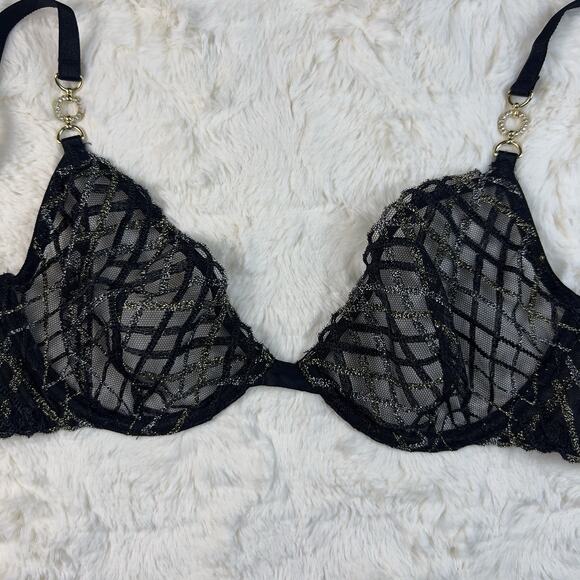 Victoria's Secret Dark Black Mesh Lace Shimmery Demi Bra 32B Gold Detail NWT - Picture 3 of 7